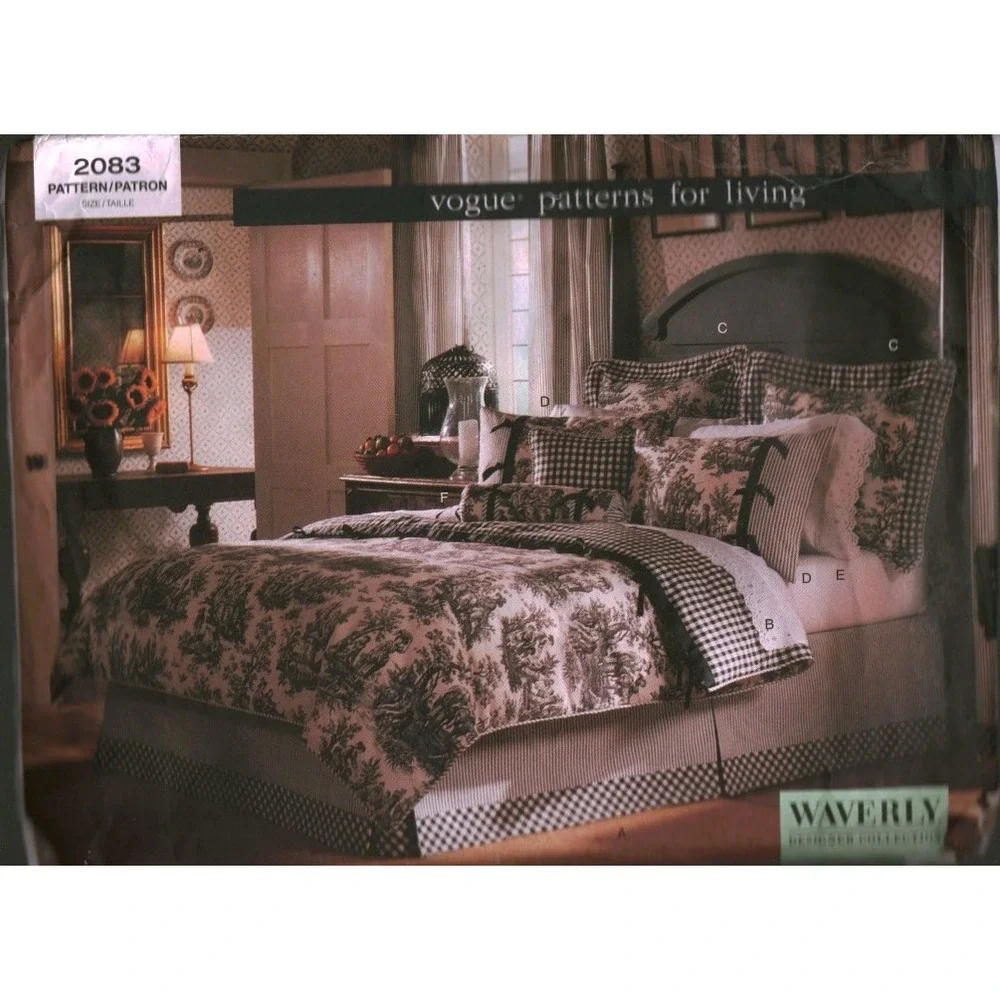 Vogue 2083 Waverly Toile Bedroom Sewing Pattern Duvet Sham Dust Ruffle Drapes OS
